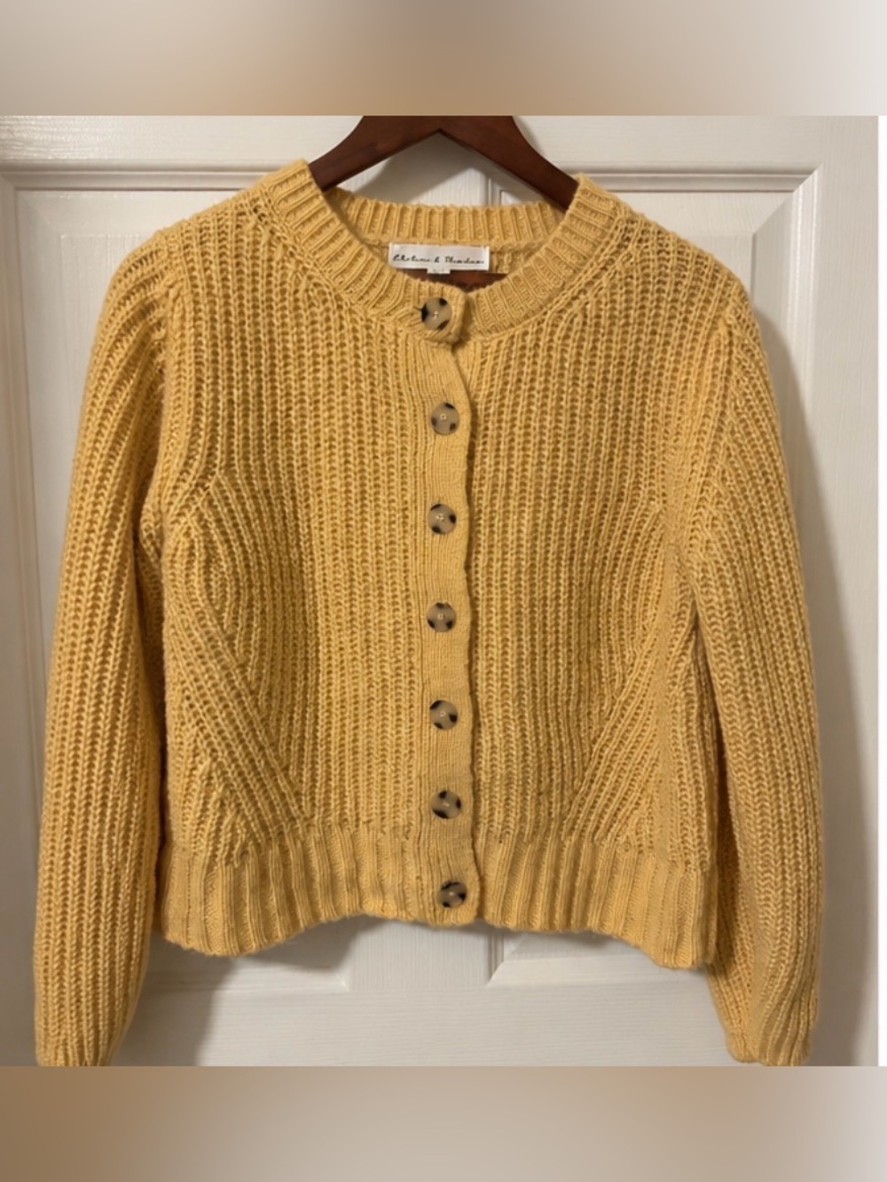 Chelsea & Theodore Chunky Knit Button-Front Cardigan in Mustard